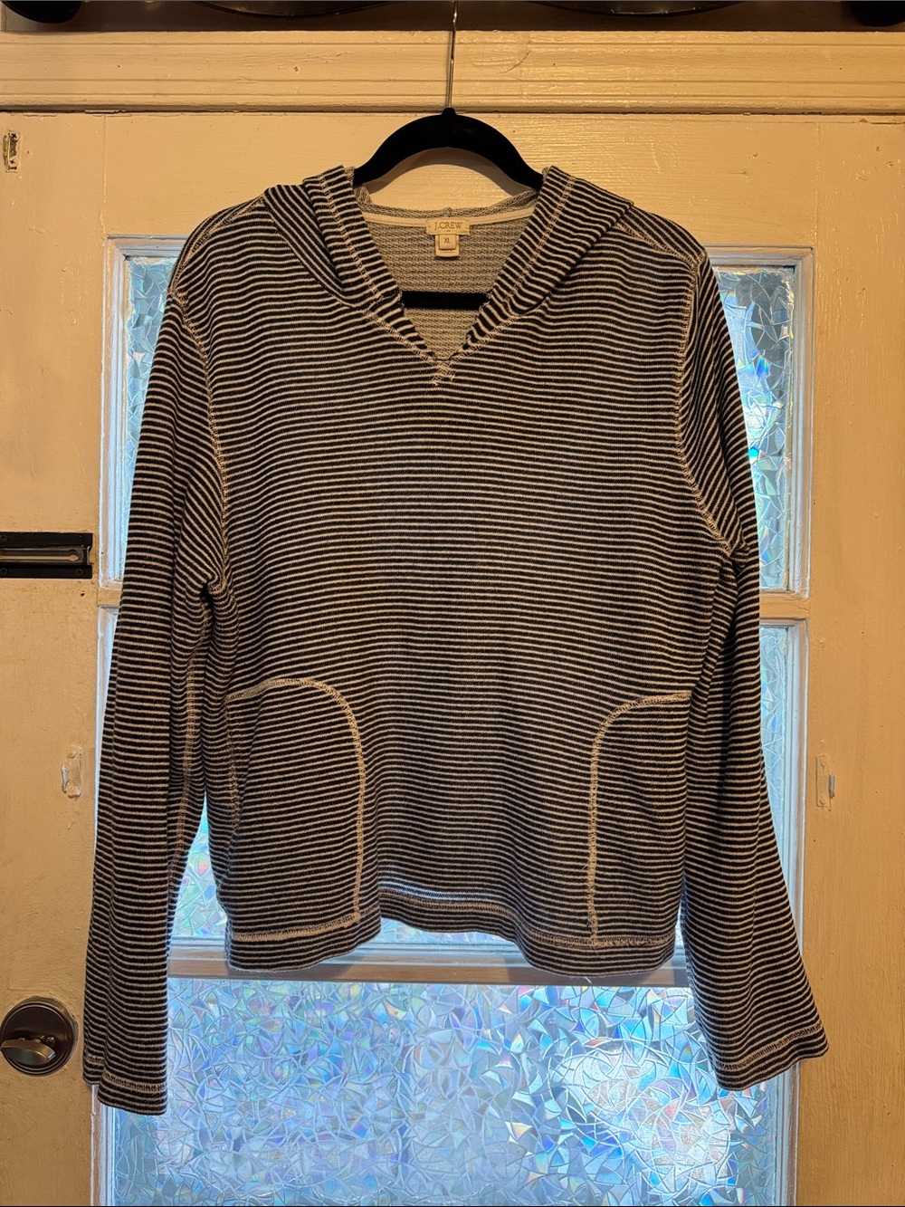 J. Crew Black and White Striped V-Neck Hooded Sweater